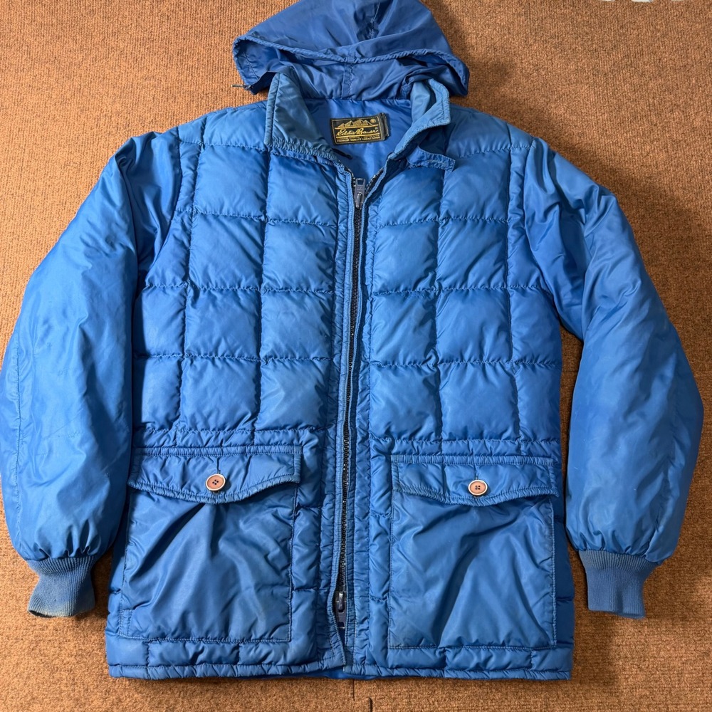 C+ Vintage Eddie Bauer Goose Down Puffer Jacket Blue Quilted Hooded Parka Mens M